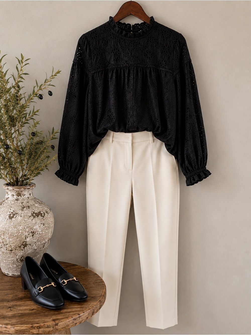 Time and Tru | Black Eyelet Lace Blouse | Size L | Mock Neck | Long Sleeve